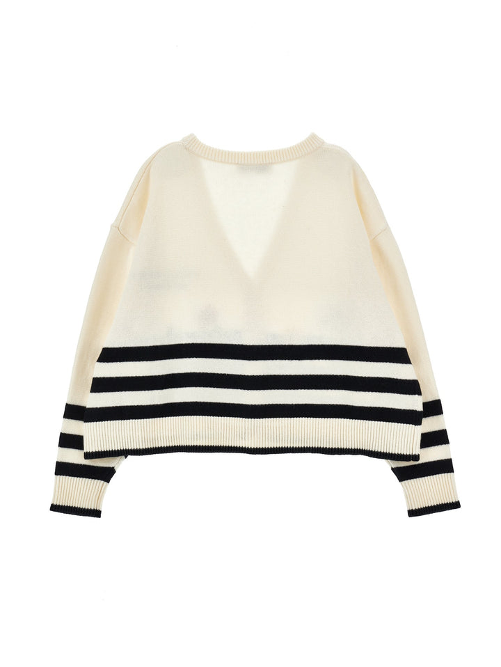 Striped Knit Cardigan With Floral Embroidery - 0150 Off White - Posh New York