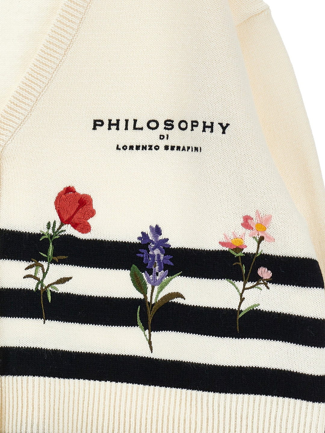 Striped Knit Cardigan With Floral Embroidery - 0150 Off White - Posh New York