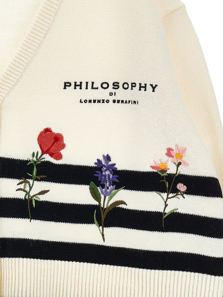 Striped Knit Cardigan With Floral Embroidery - 0150 Off White - Posh New York