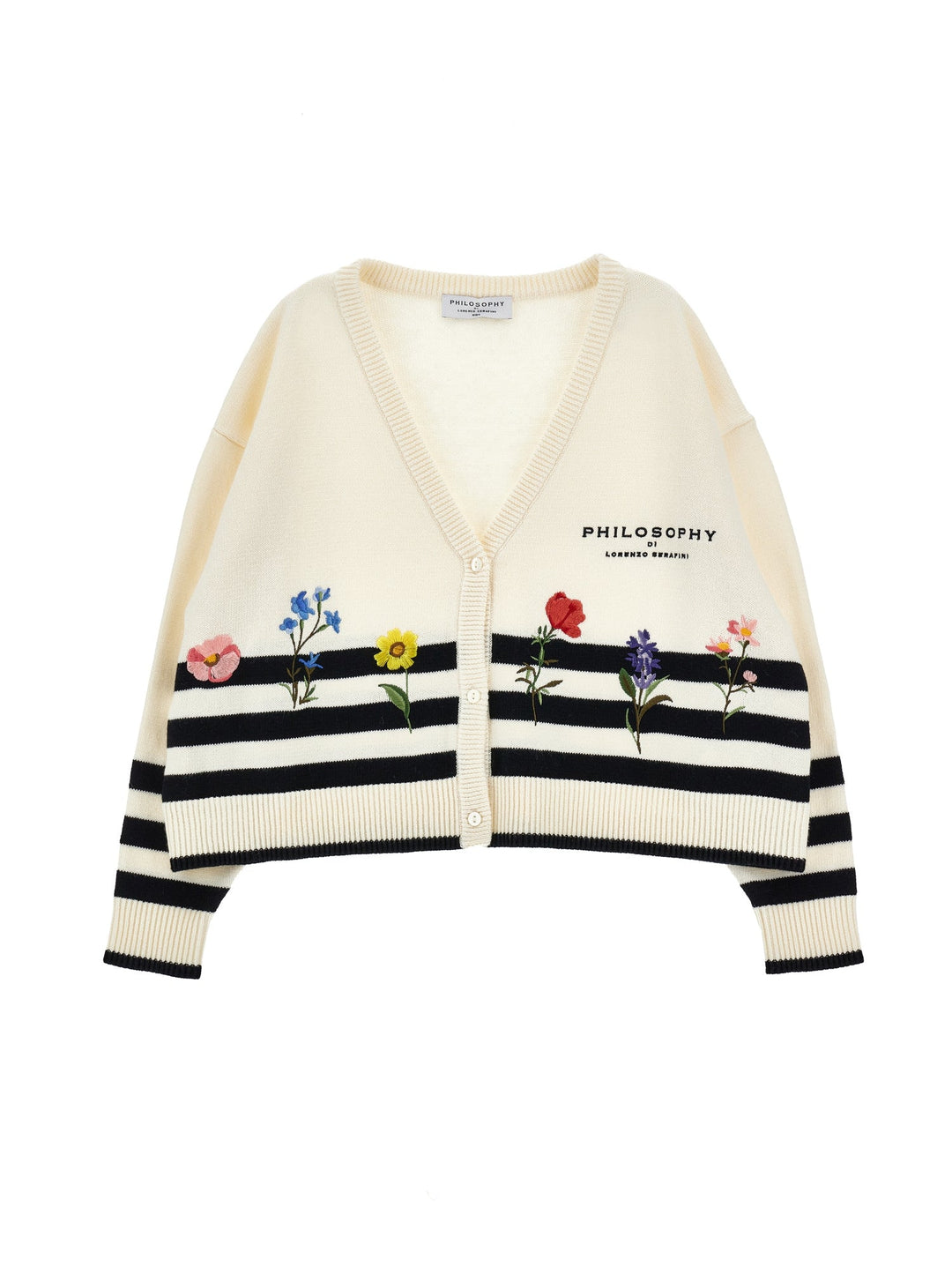 Striped Knit Cardigan With Floral Embroidery - 0150 Off White - Posh New York