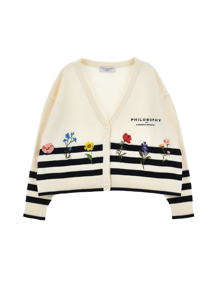 Striped Knit Cardigan With Floral Embroidery - 0150 Off White - Posh New York