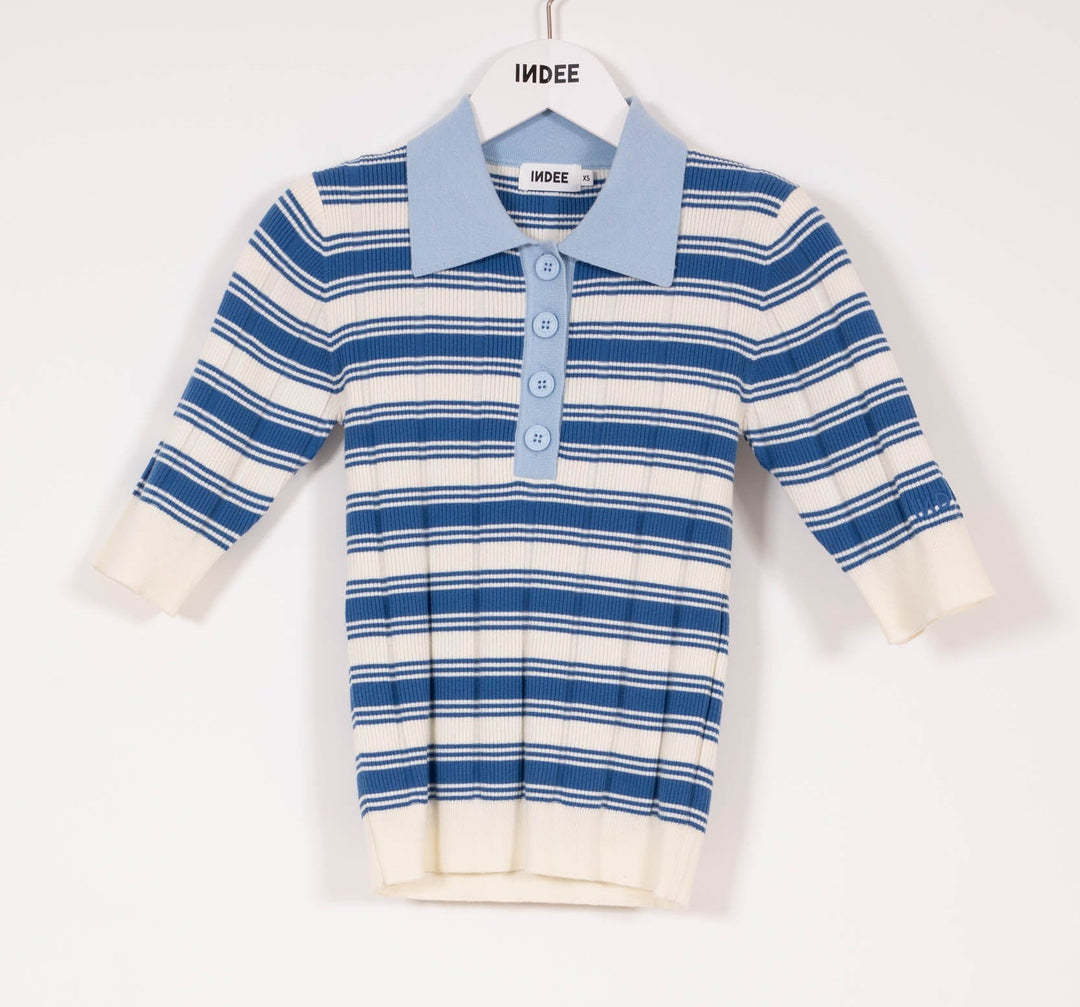 Striped Polo Collar Pullover - Off White - Posh New York