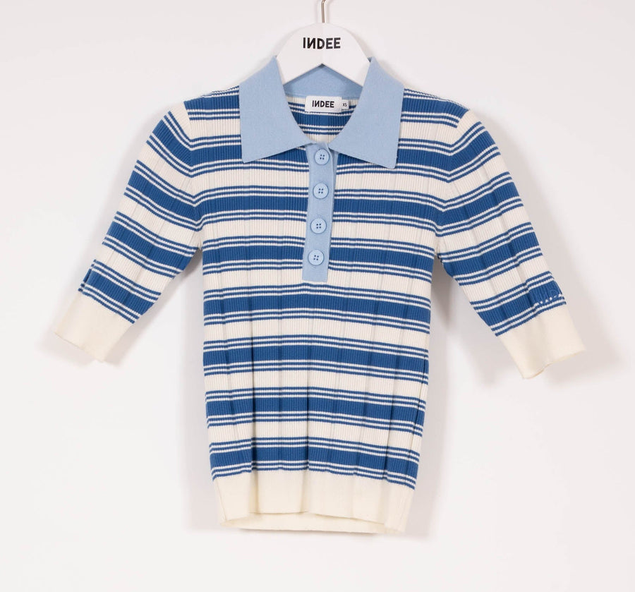 Striped Polo Collar Pullover - Off White - Posh New York