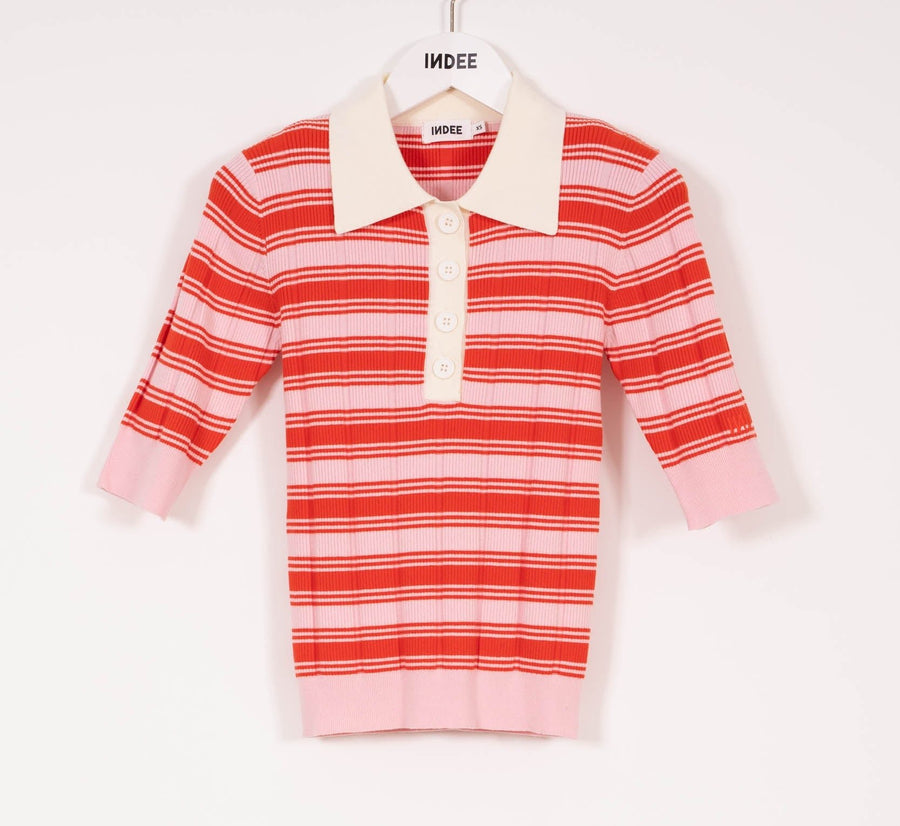Striped Polo Collar Pullover - Pink - Posh New York