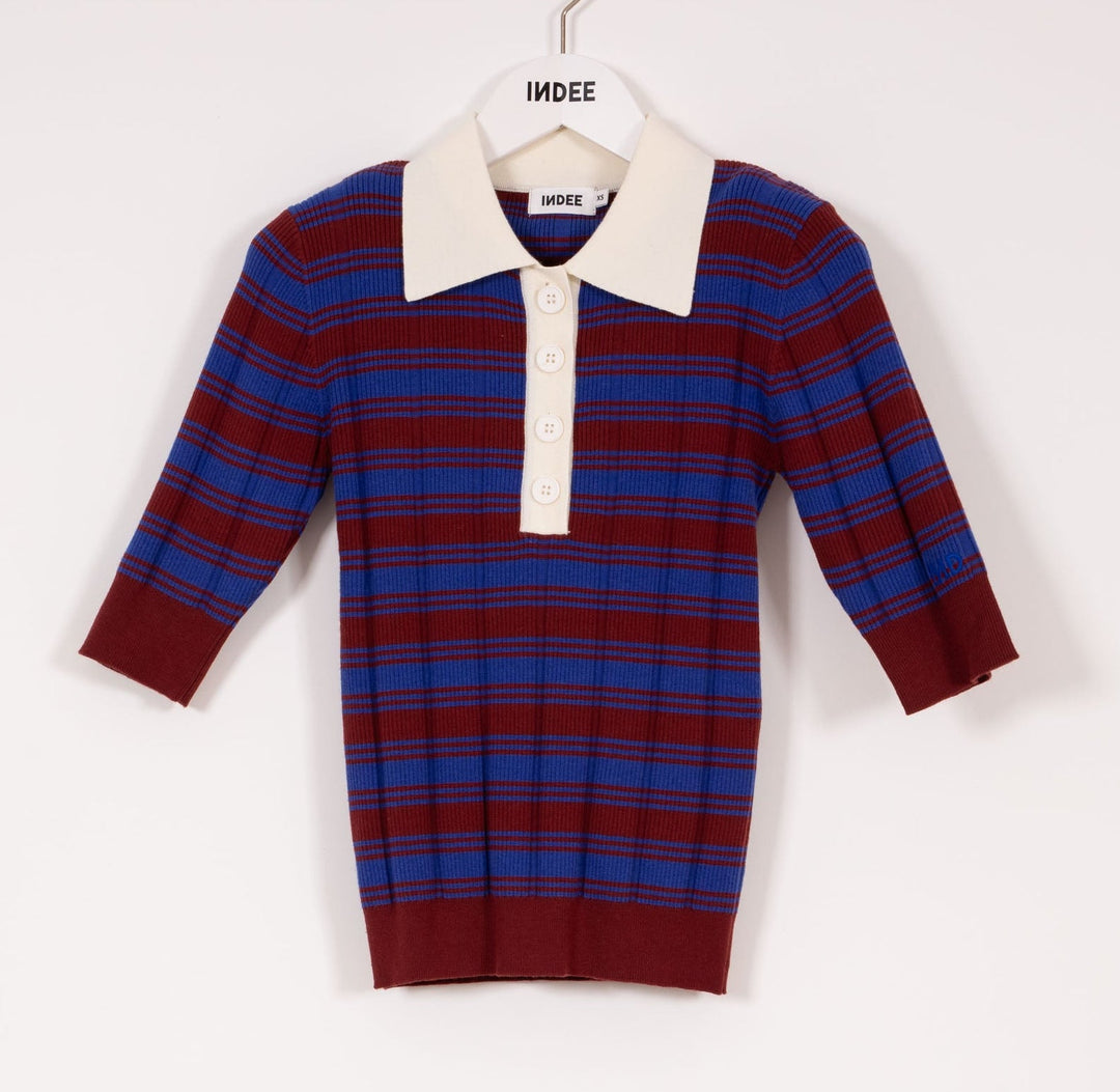 Striped Polo Collar Pullover - Rooibos Red - Posh New York