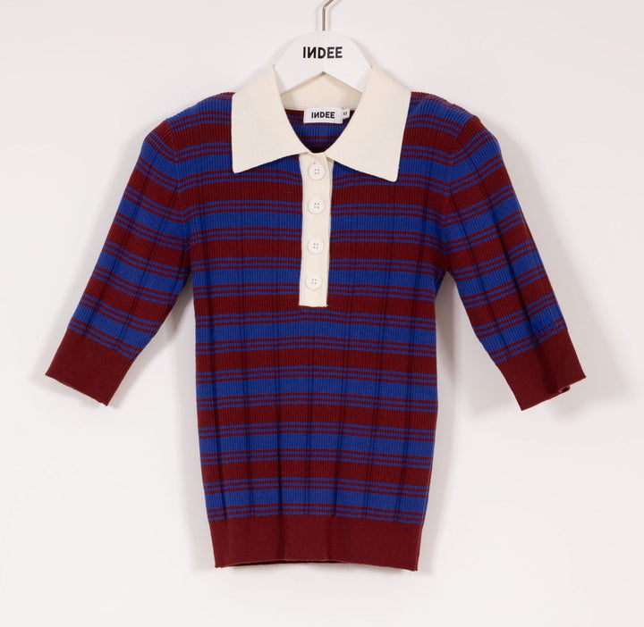 Striped Polo Collar Pullover - Rooibos Red - Posh New York
