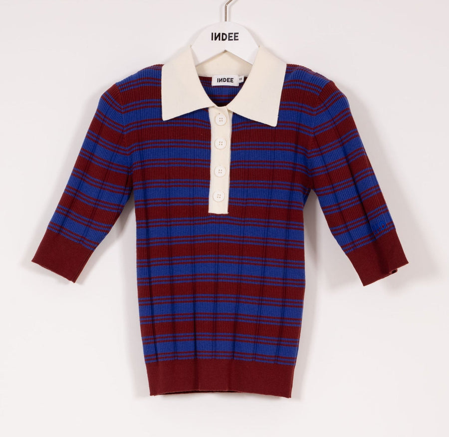Striped Polo Collar Pullover - Rooibos Red - Posh New York