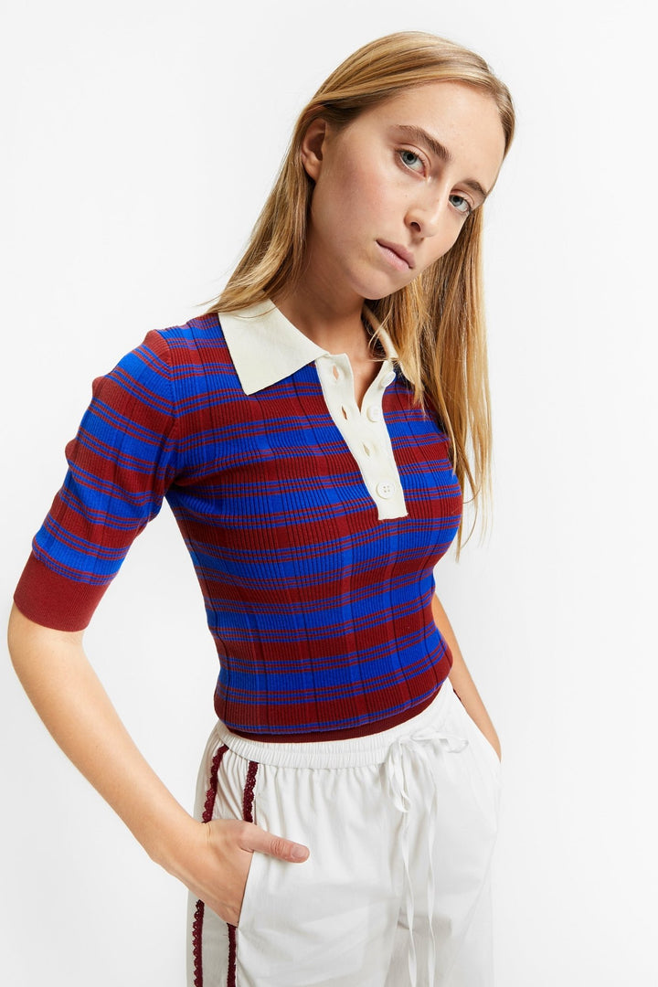 Striped Polo Collar Pullover - Rooibos Red - Posh New York