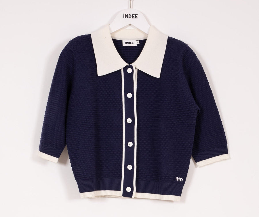 Striped Polo Neck Cardigan - Navy - Posh New York