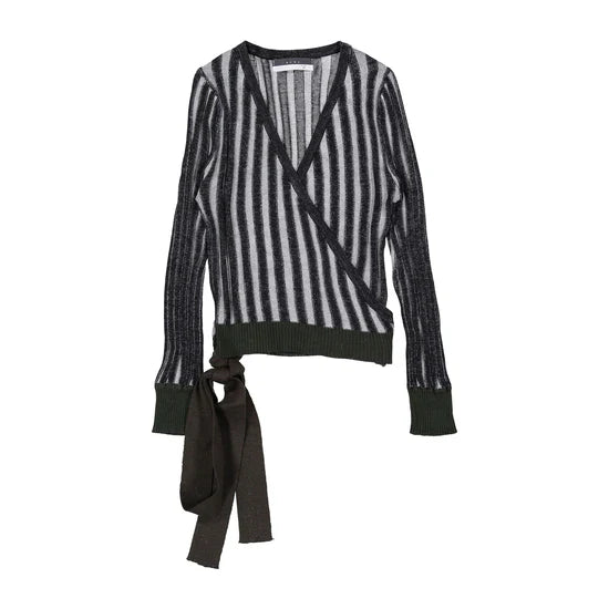 Striped Wrap Sweater - Dark Green - Posh New York