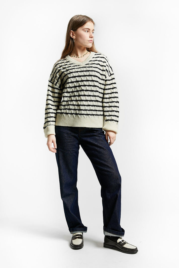 V Neck Cabel Striped Pullover - Off White - Posh New York