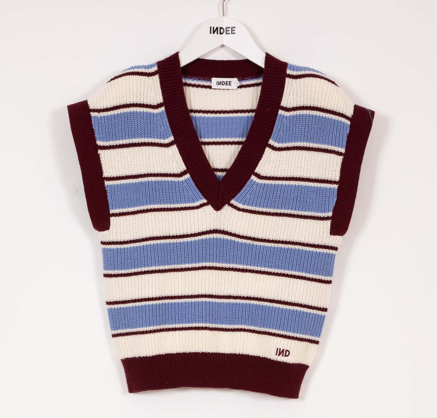 V - Neck Gilet With Stripes - Rooibos Red - Posh New York