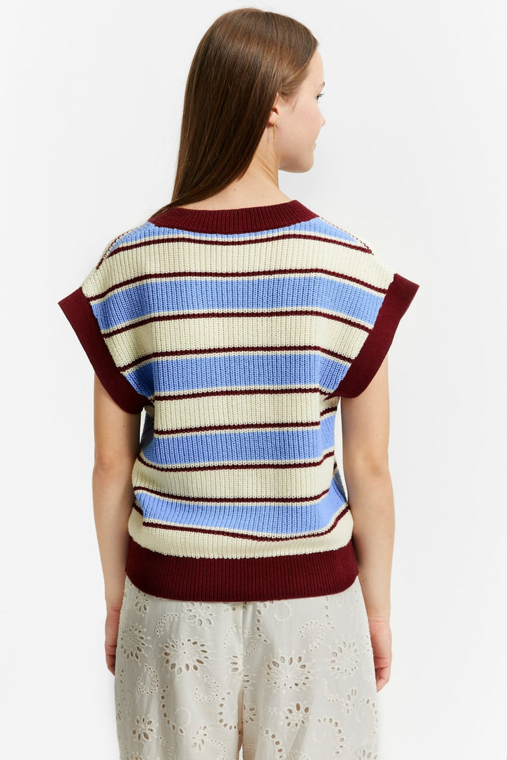 V - Neck Gilet With Stripes - Rooibos Red - Posh New York