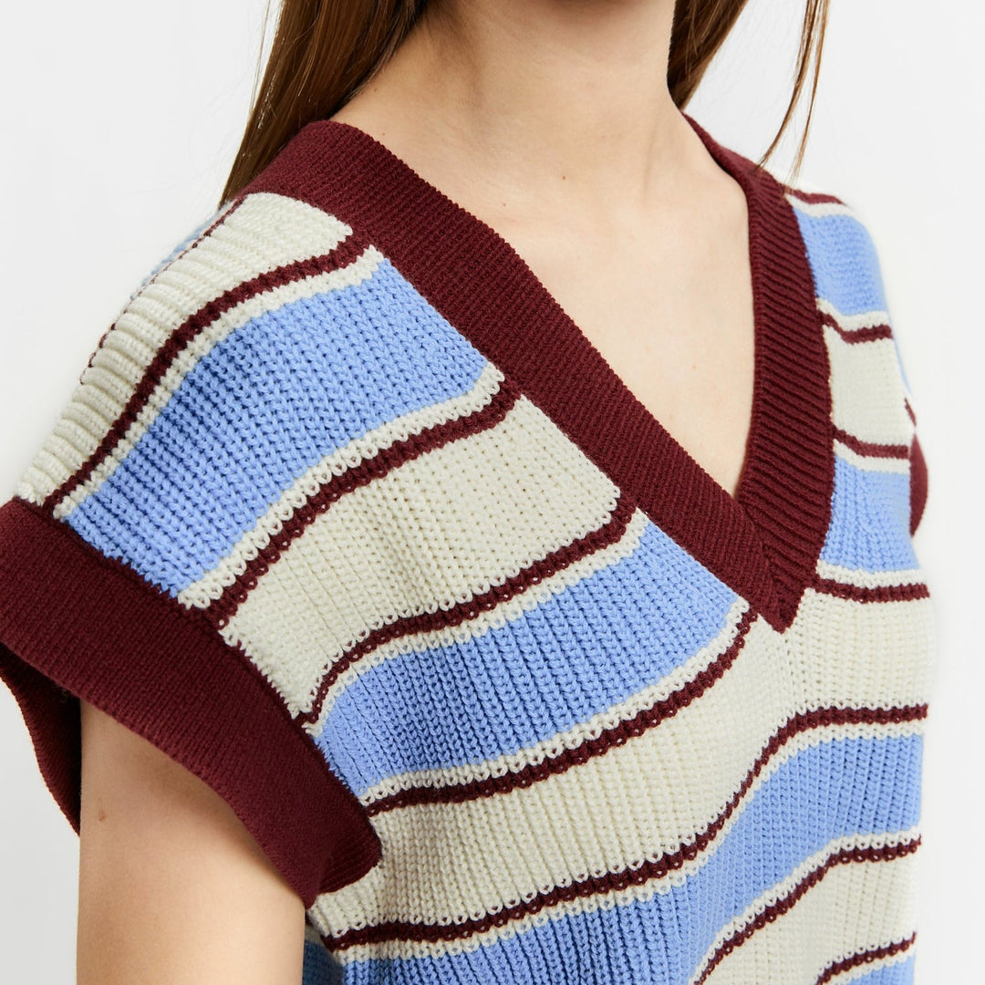 V - Neck Gilet With Stripes - Rooibos Red - Posh New York