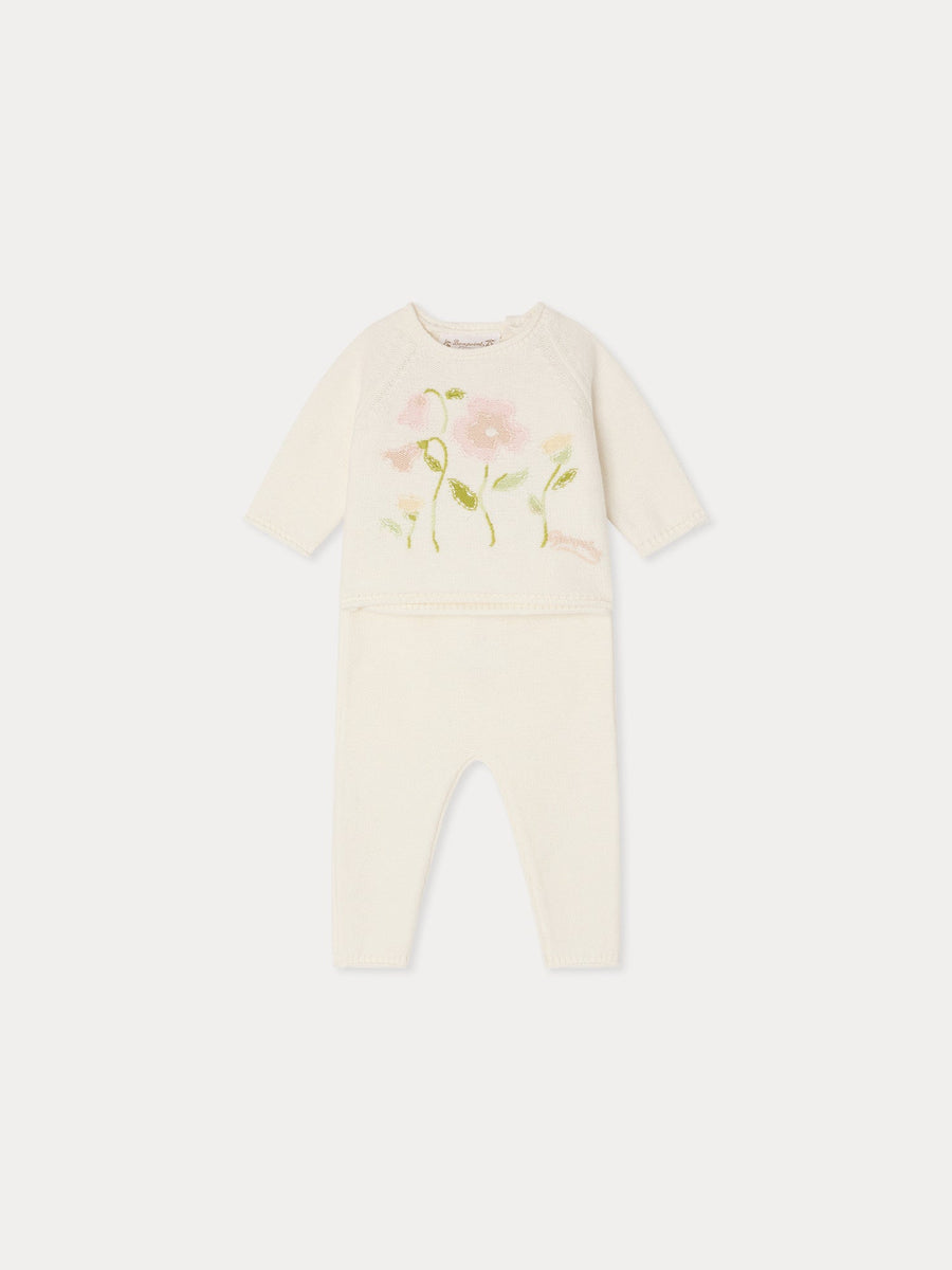 White Knit 2 Piece Set With Flowers - Rose 920 - Posh New York