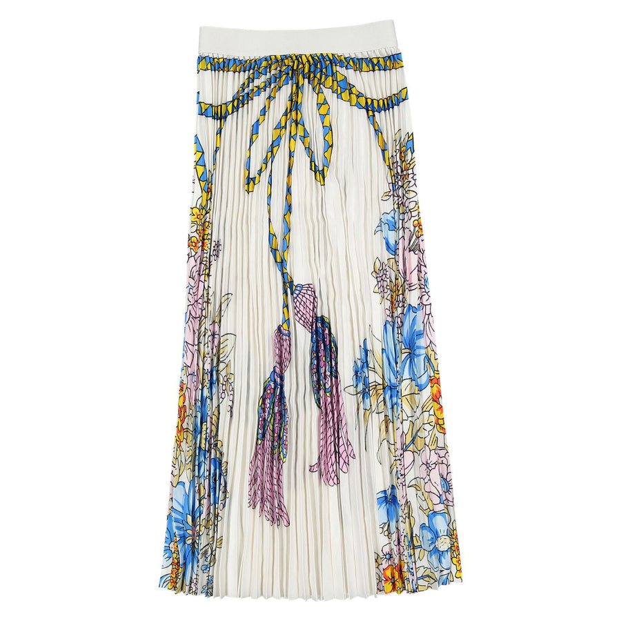 White Pleated Maxi Skirt with Color Print - White/Multi - Posh New York