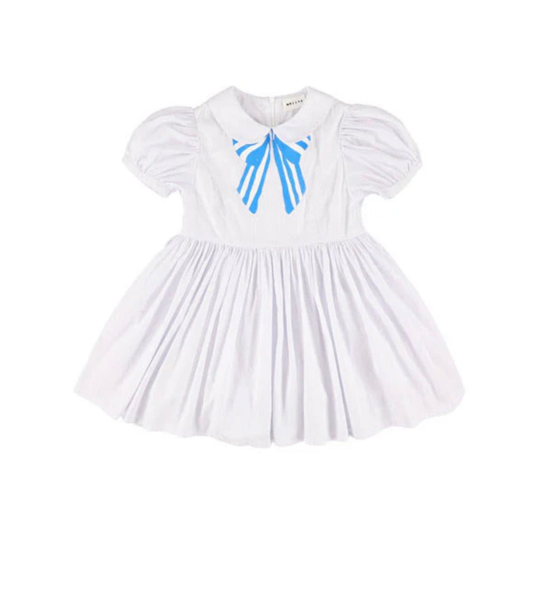 White Taffeta Dress With Blue Bow - Bow - Posh New York