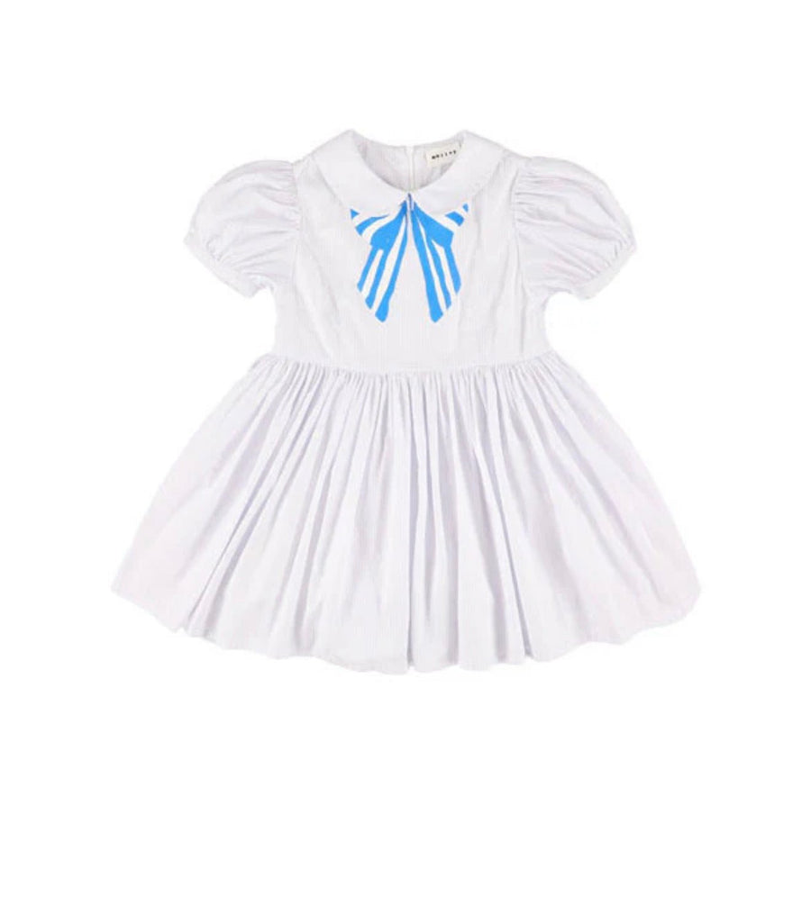 White Taffeta Dress With Blue Bow - Bow - Posh New York