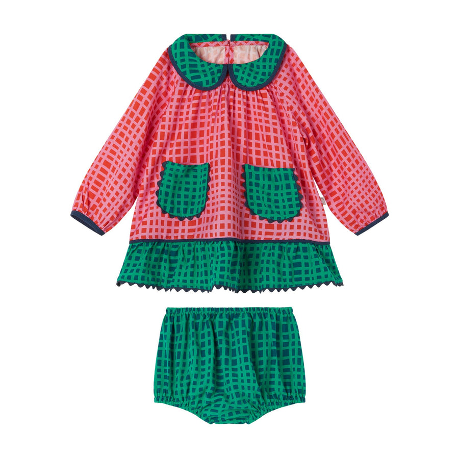 BABY GIRL LS CHECKS VISCOSE TENCEL DRESS - 547AR RED GREEN - Posh New York
