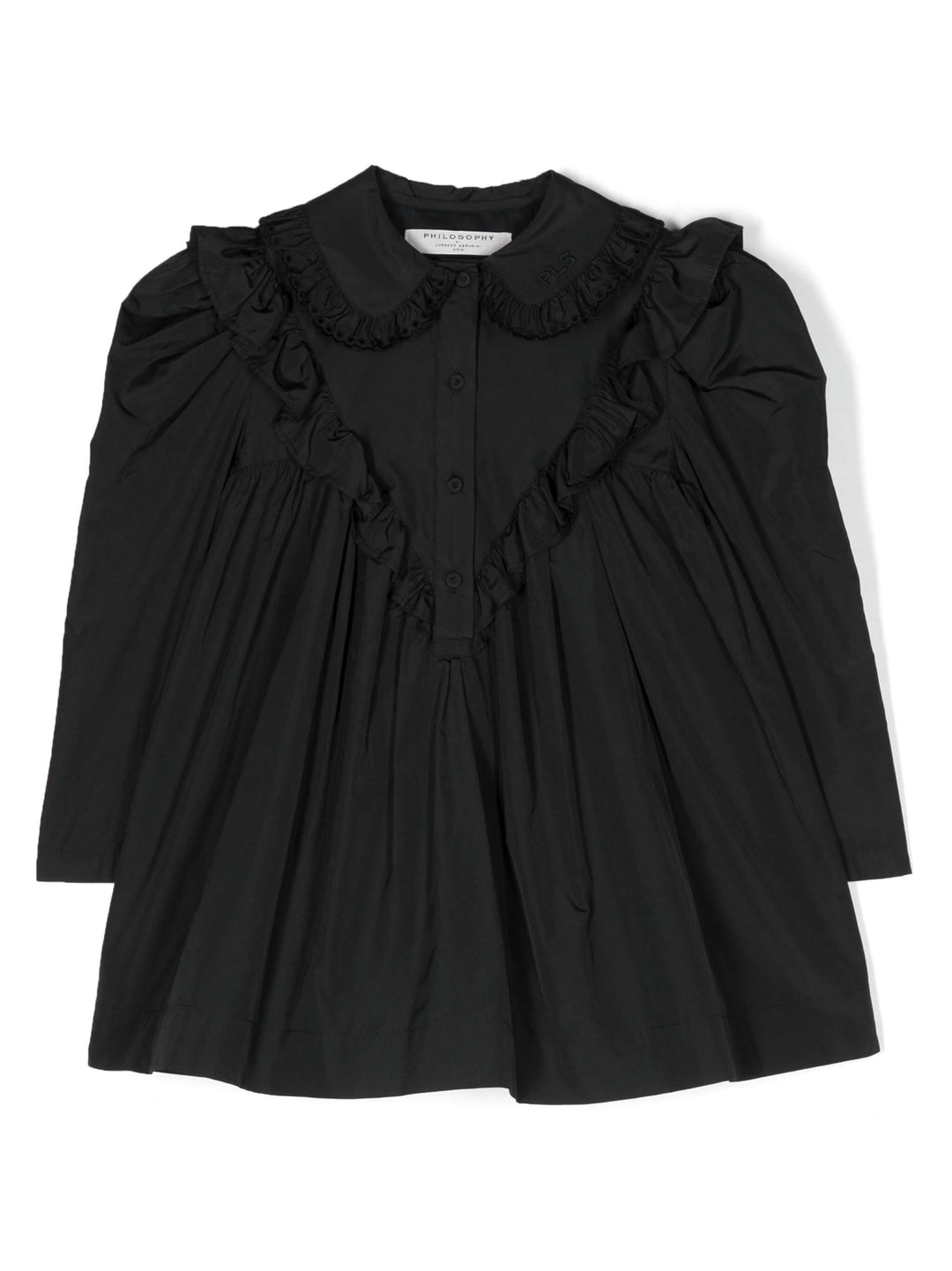 Collared Dress Button With Ruffled Detail - N000 Black - Posh New York