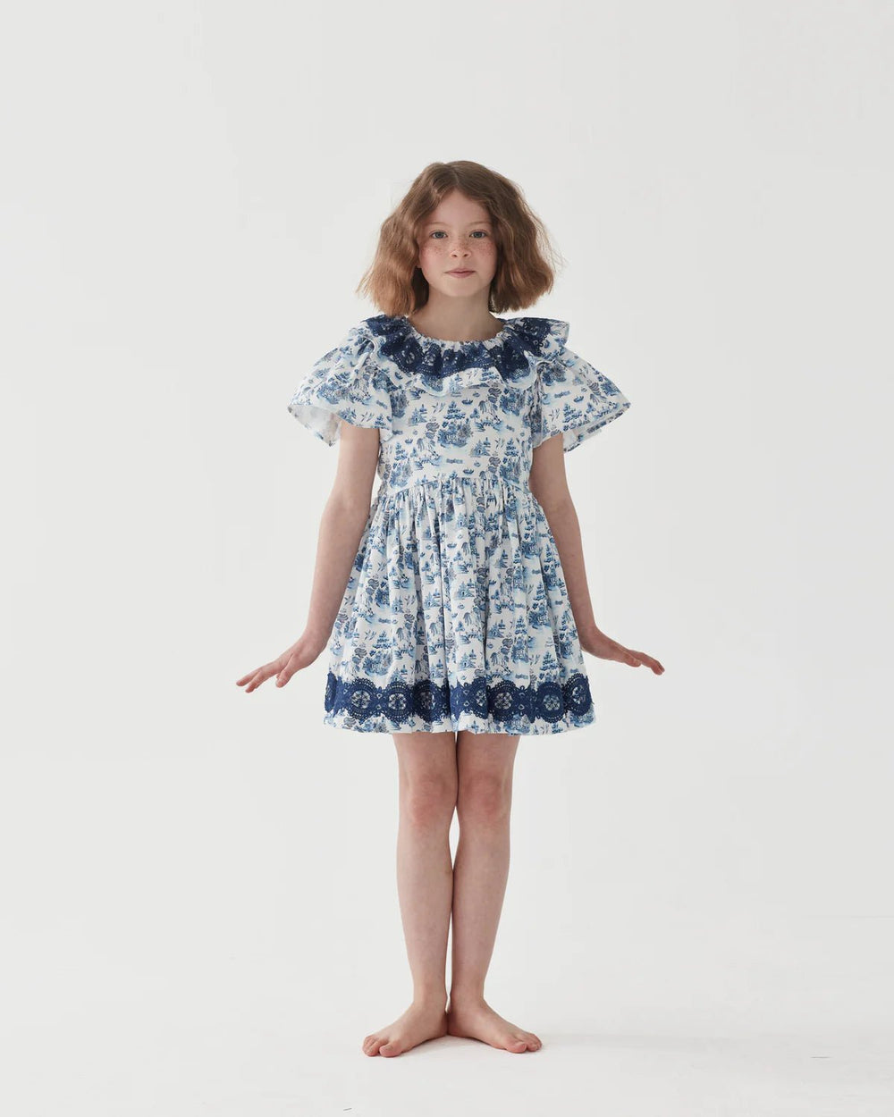 Cotton poplin mini dress with shaped waistline detail - Willow Pattern - Posh New York