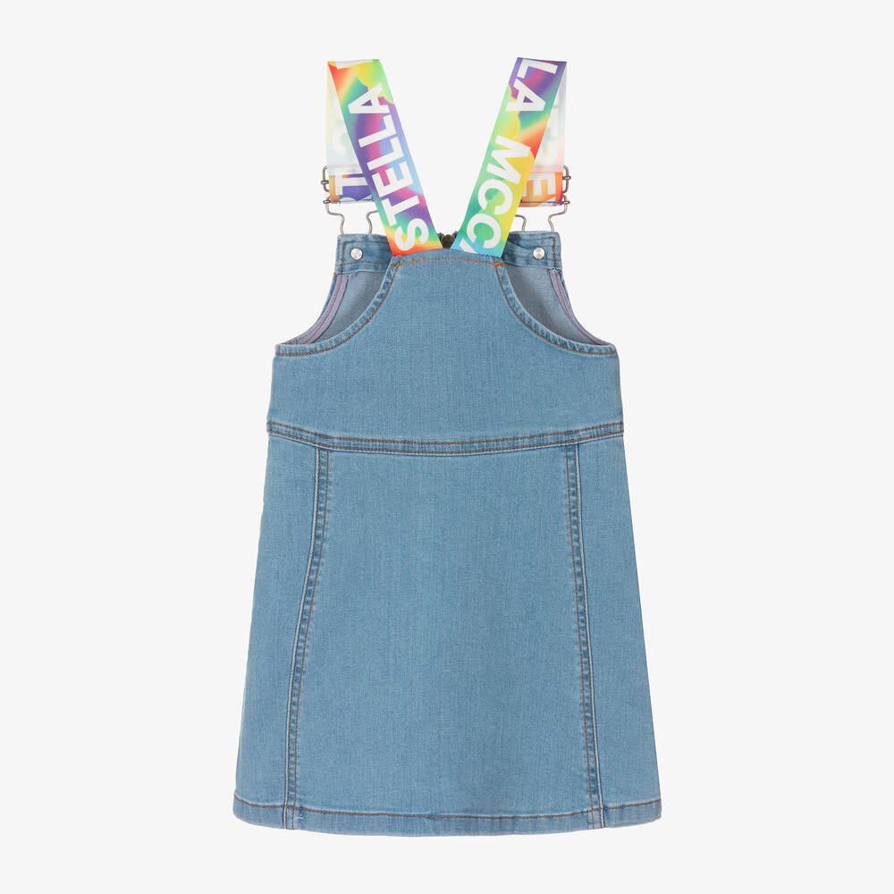 Denim Dungaree Dress with Rainbow Logo Tape - Blue - Posh New York