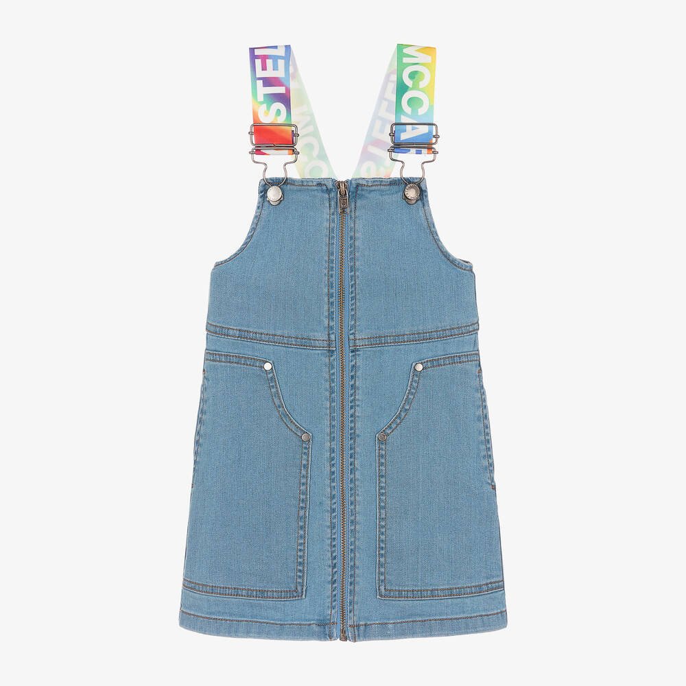 Denim Dungaree Dress with Rainbow Logo Tape - Blue - Posh New York