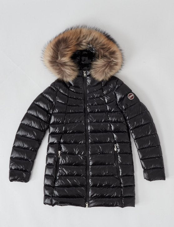 Fur Hooded Down Coat in Shiny - Black - Posh New York