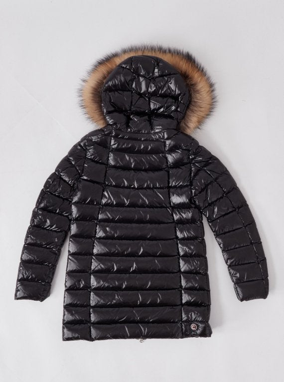 Fur Hooded Down Coat in Shiny - Black - Posh New York