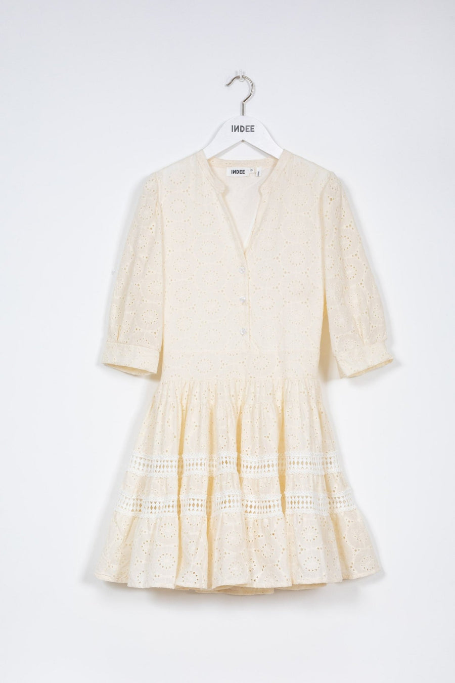 Midi Lace Dress with 3/4 Sleeve - Off White - Posh New York