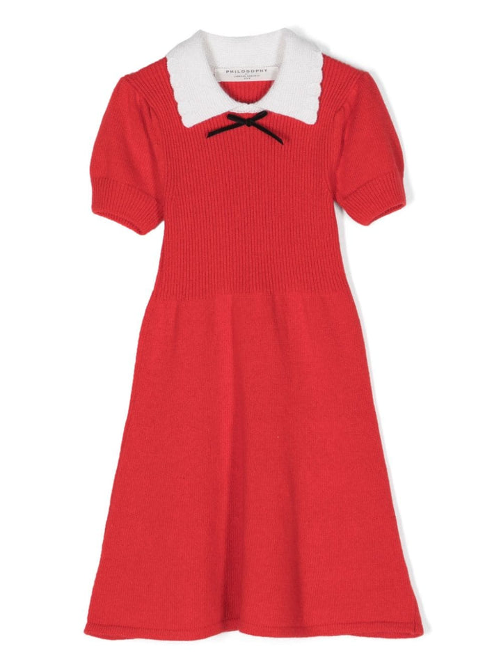 S-Sleeved Knit Dress With Collar and Bow Detail - 3000 Red - Posh New York