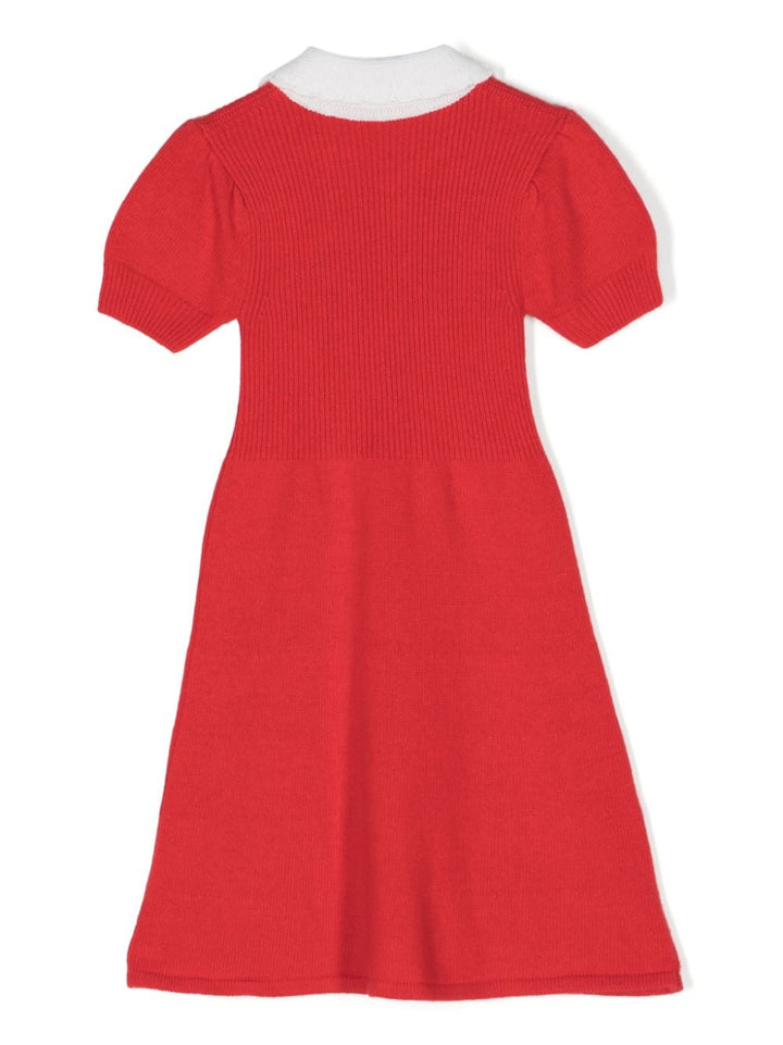 S-Sleeved Knit Dress With Collar and Bow Detail - 3000 Red - Posh New York