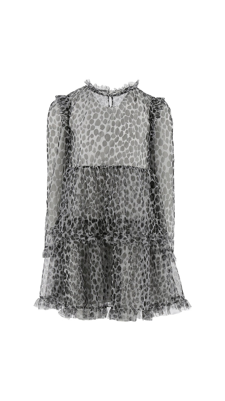 Tulle Dress Ruffle And Allover Print - White/ Blk - Posh New York